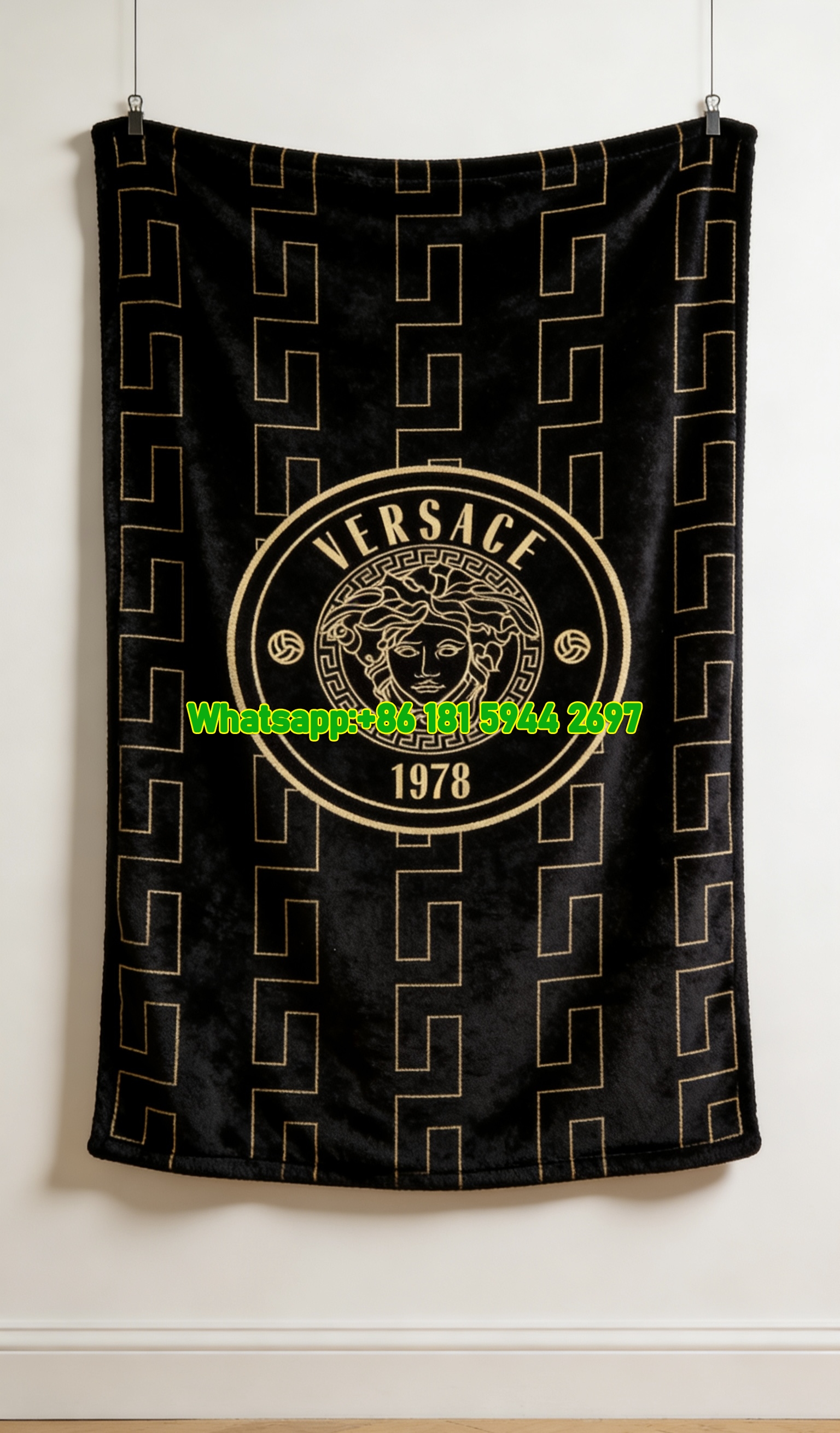 Versace Black Gold Medusa 1978 Greek Key Print Flannel Sofa Throw Blanket IMG_1431